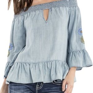 Miss Me Denim Blue Off-Shoulder Blouse